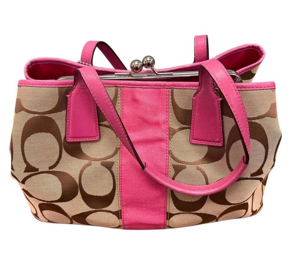 Coach Signature Stripe Framed Carryall Satchel F13533 Khaki and Pink